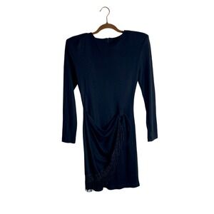 Vtg 80s Hearts Black Knit Fringe Dress Shoulder Pads Goth Whimsygoth LBD